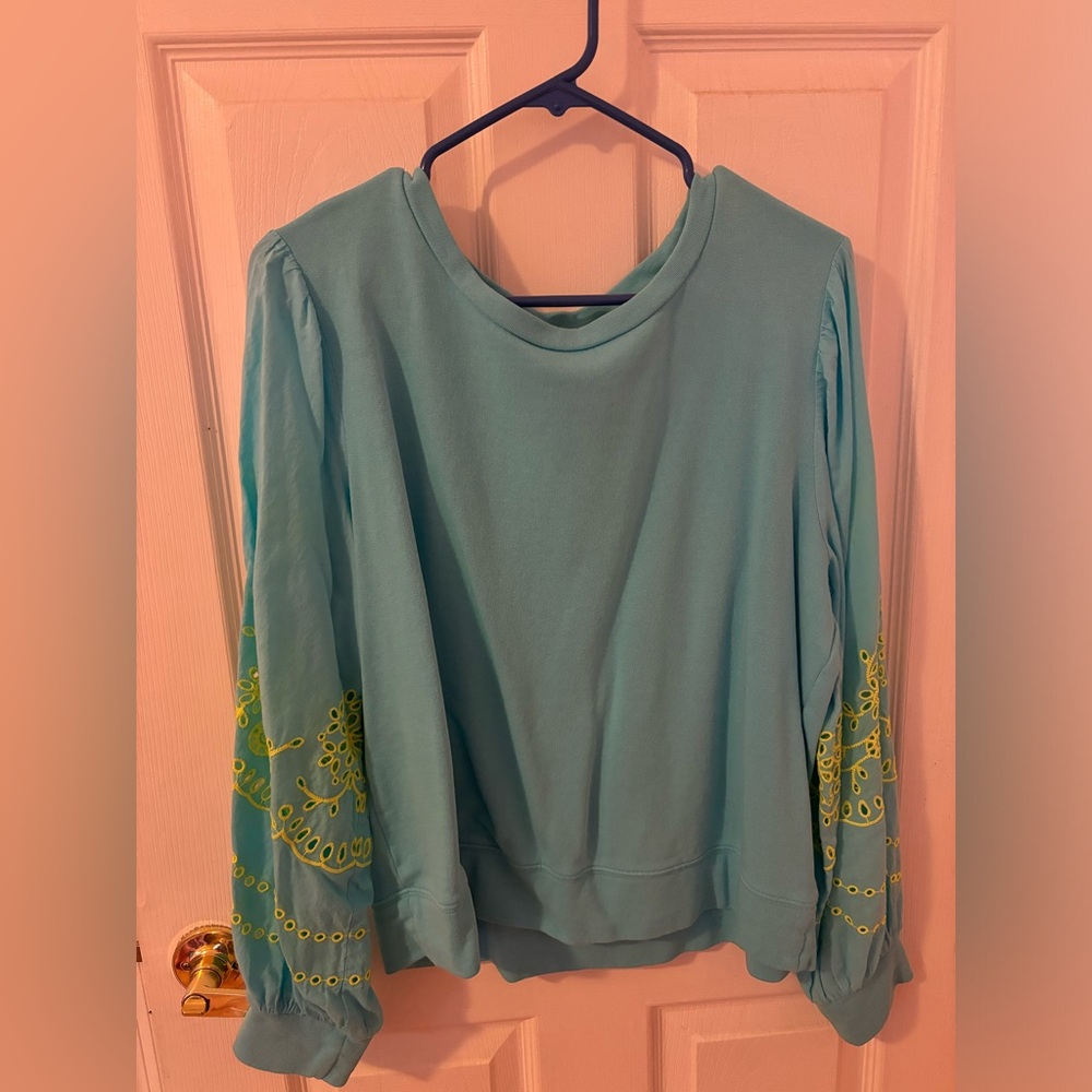 Lilly Pulitzer Aqua Top with Yellow Embroidery